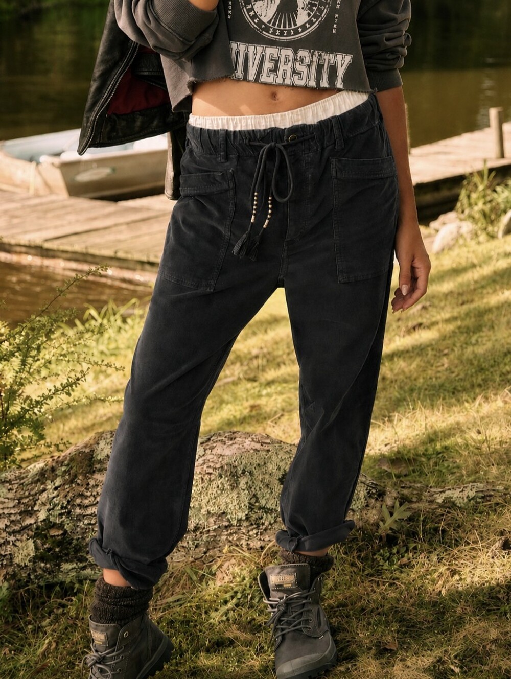 Free People City Slouch Cord Pants Stretchy Ankle Boho Pants In Black Size S